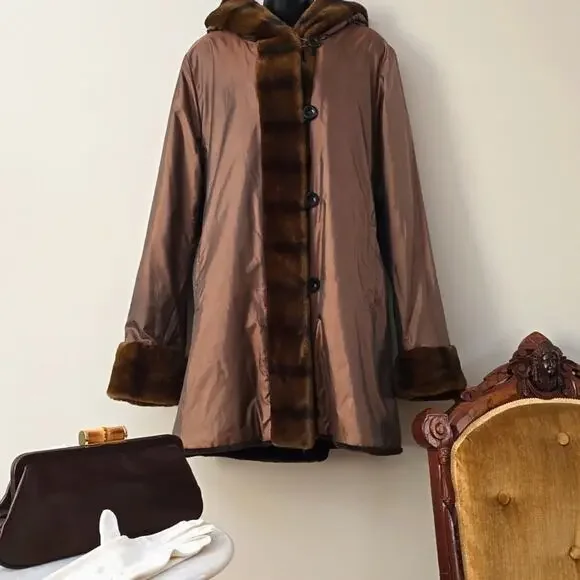 Dennis Basso Chocolate Brown Coat Large Faux Fur Hood Tafetta jacket - Picture 1 of 8